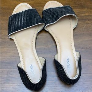 Black and Tan peep toe flats/sandals